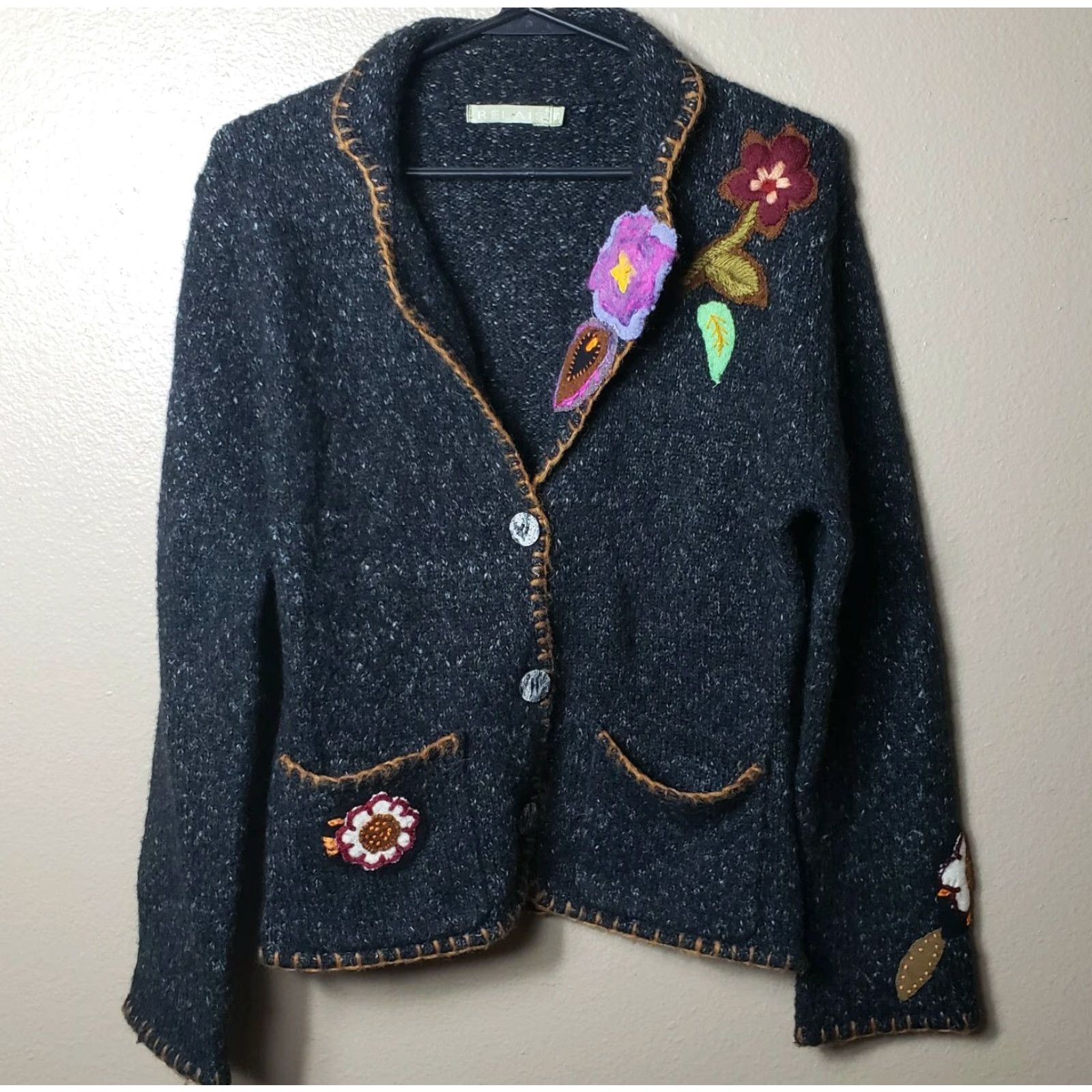 Vintage Relais Mohair Blend Floral Applique Sweater 2 Button Blazer Size S Women Gray Long Sleeve Embroidered Bohemian Size S / US 4 / IT 40 - 3 Thumbnail