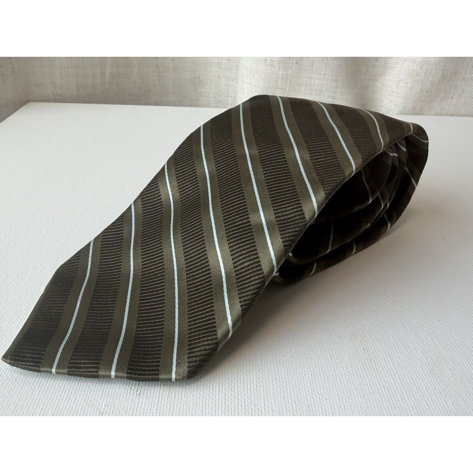 Ike Behar Ike Behar Striped Silk/Cotton Tie – Olive/Brown Size ONE SIZE - 1 Thumbnail