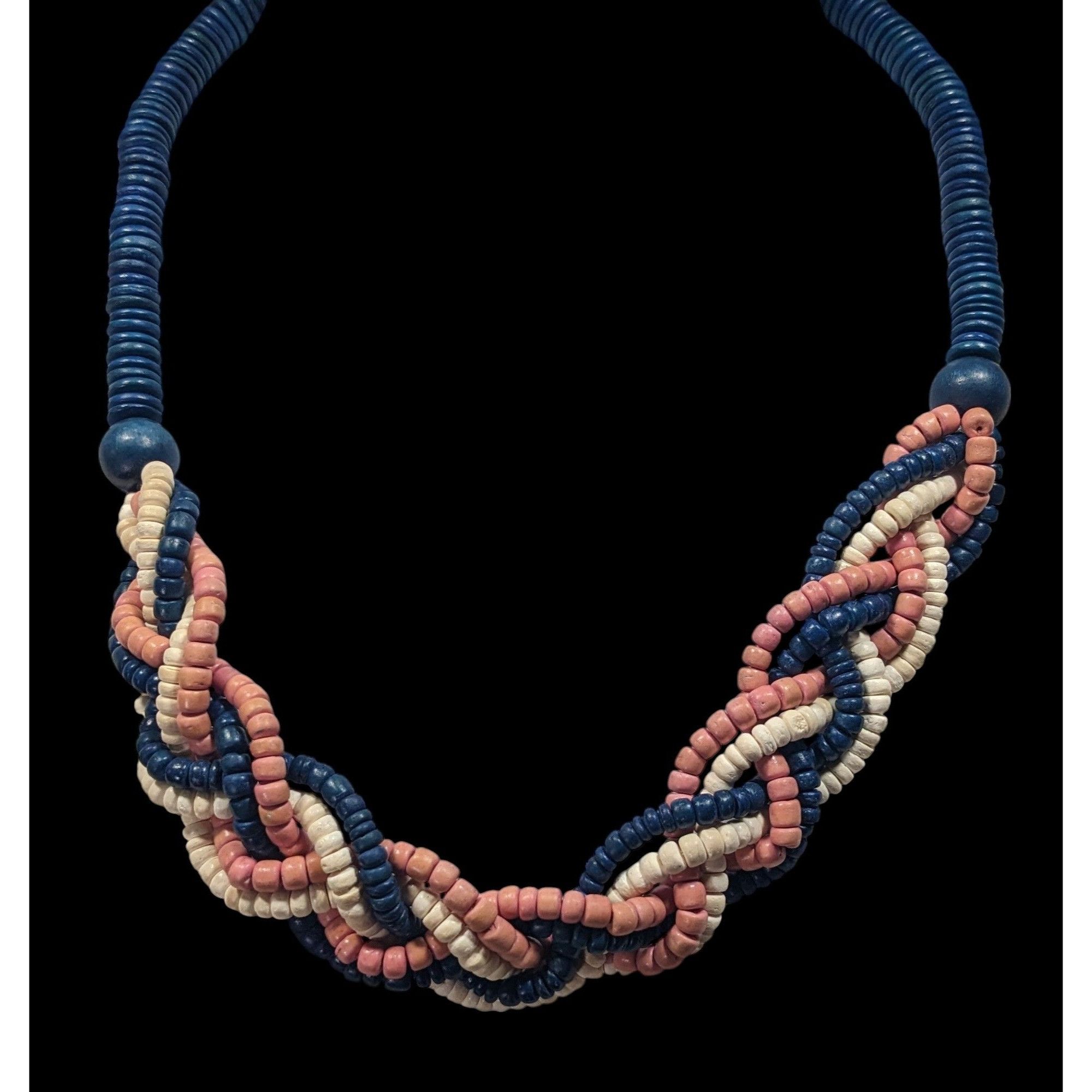 Other Vintage Rustic Blue And Pink Wood Beaded Braided Necklace Size ONE SIZE - 2 Thumbnail