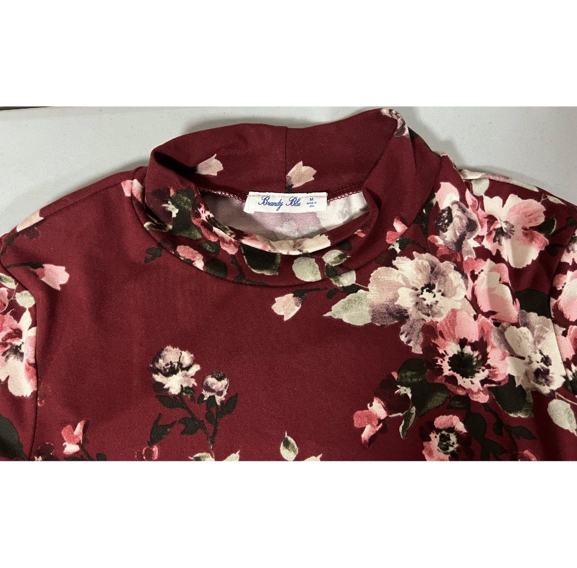 Brandy Melville Red Floral Long Sleeve Turtleneck Top Shirt Blouse Size M 🌹✨ Size M / US 6-8 / IT 42-44 - 3 Thumbnail