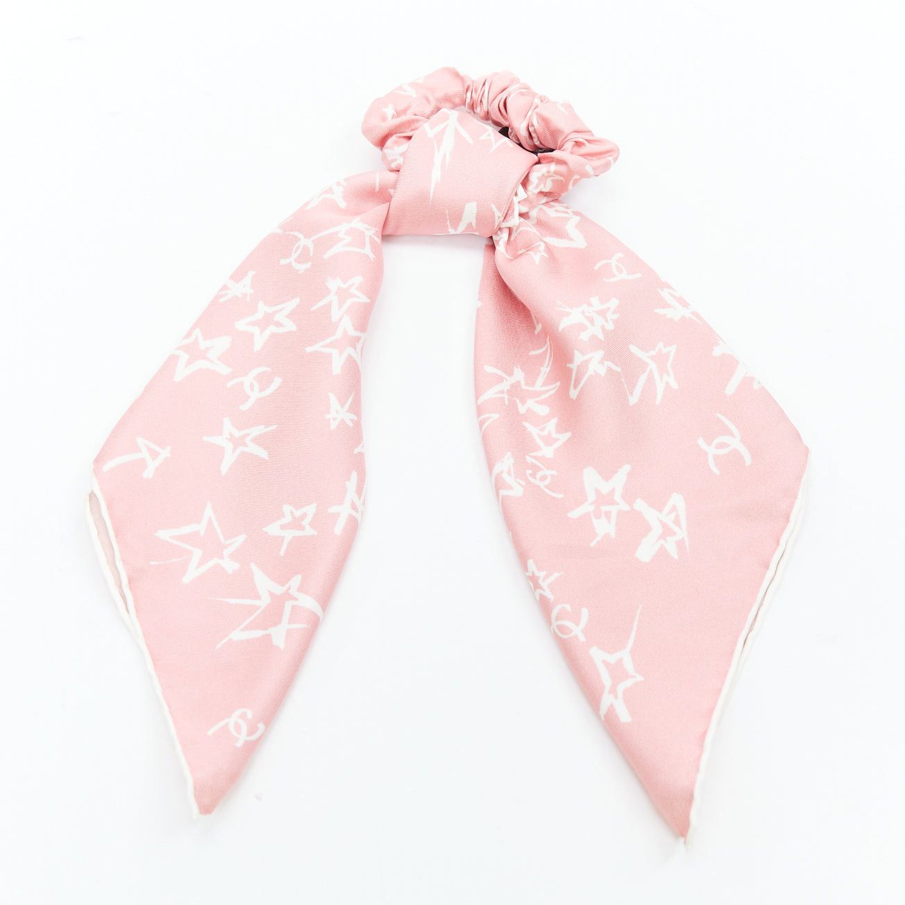 Chanel CHANEL 2022 100% silk pink white CC star print hair ribbon scrunchie Size ONE SIZE - 1 Thumbnail