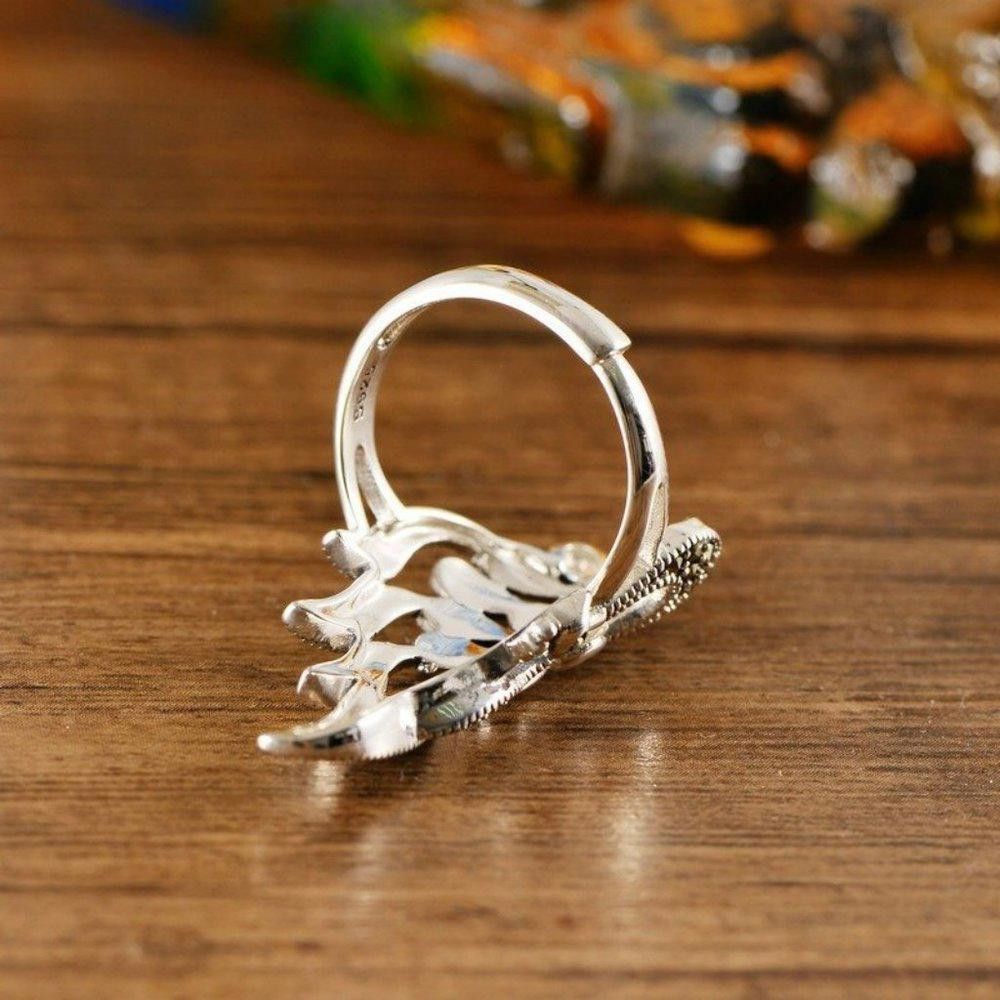 Designer Retro Peacock Animal Feather Antique Silver Ring - Size 6 Size ONE SIZE - 5 Thumbnail