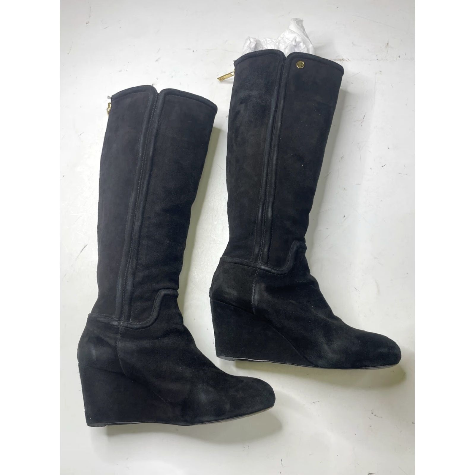 Tory Burch Tory Burch Irene Black Suede Wedge Boots Size 7.5 M Knee High Zip Logo Women Size US 8 / IT 38 - 7 Thumbnail