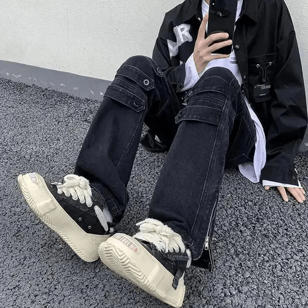 Japanese Brand Black Color Street Niche Style Zipper Leg Denim Cargo Pant Size US 28 / EU 44 - 2 Thumbnail