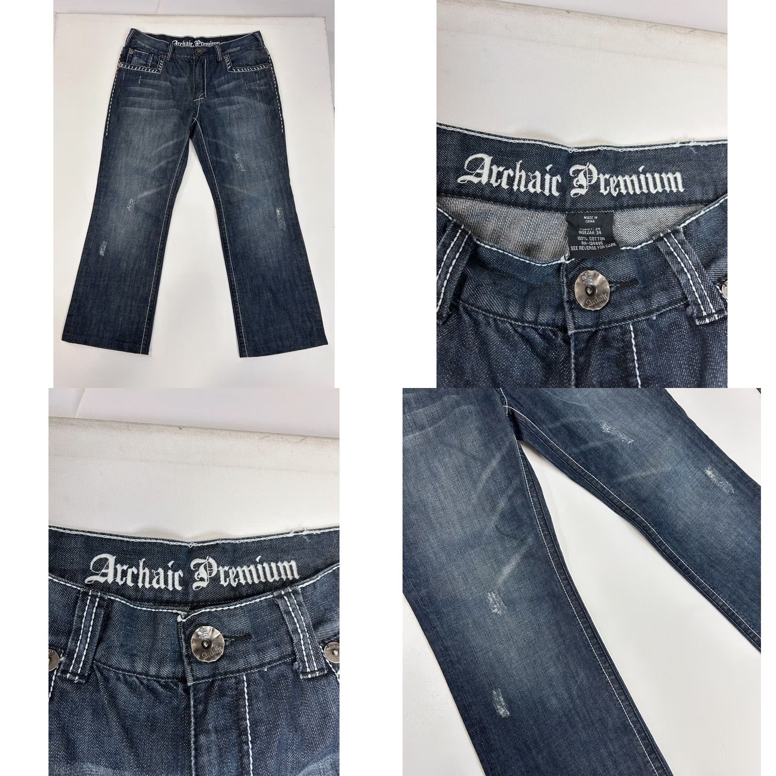 VINTAGE Archaic Affliction Jeans Mens 34x27 Blue Denim Selvedge