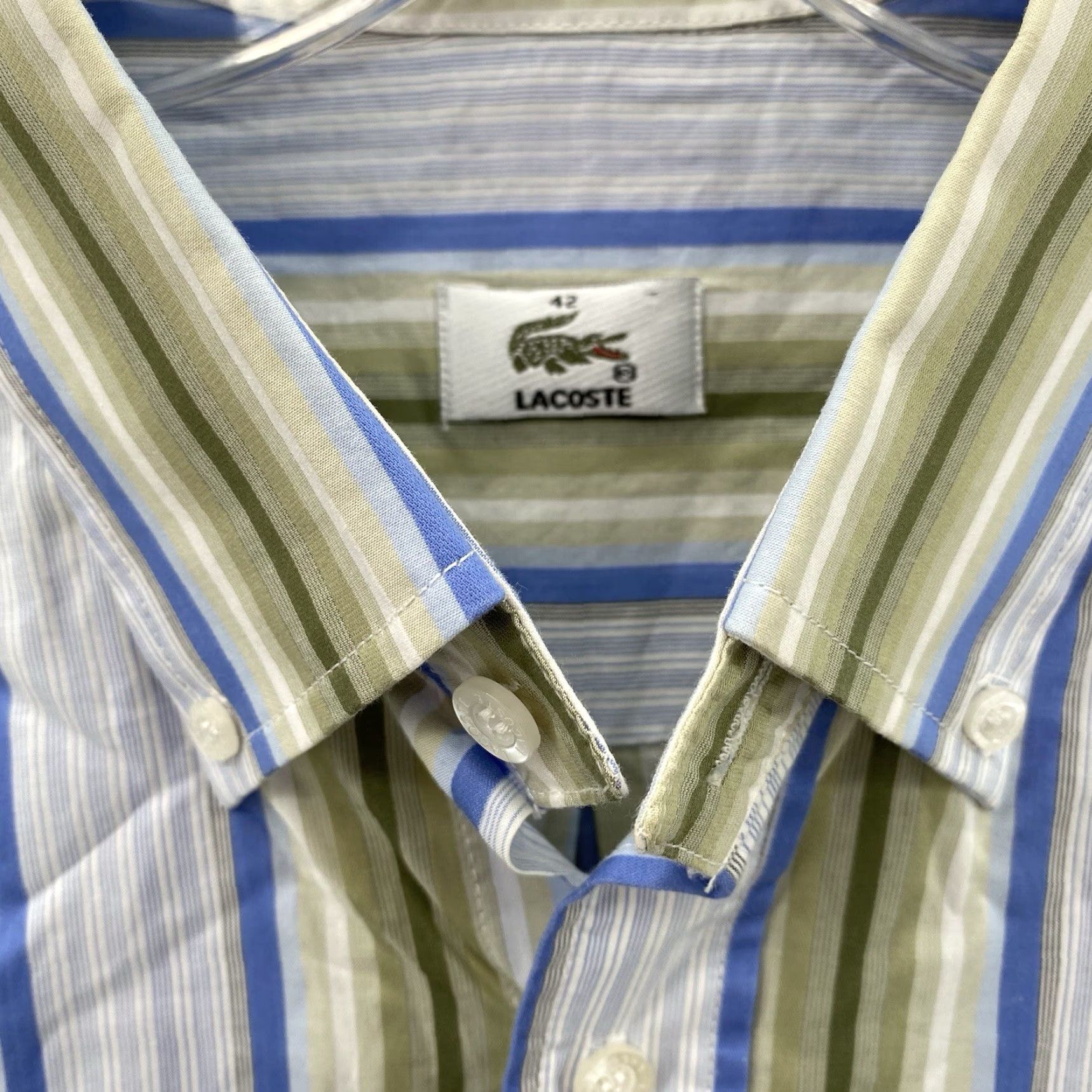Lacoste VINTAGE Lacoste Dress Shirt Men's 42/Large Gray White Green Striped Corp Core Academia Size 42R - 4 Thumbnail
