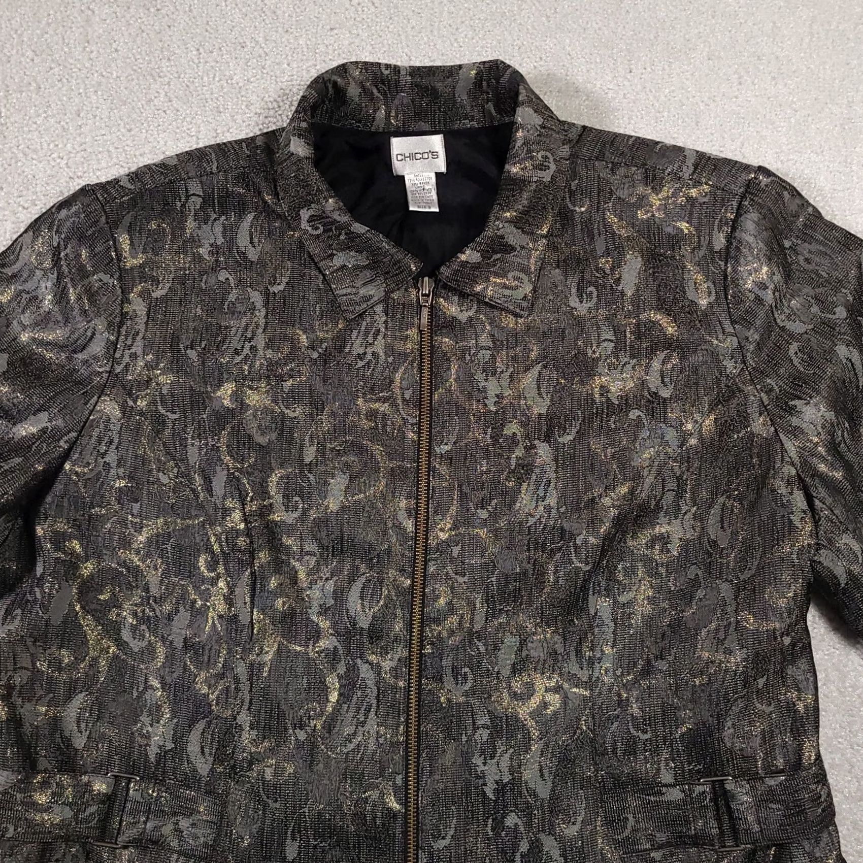 Vintage Chico's Jacket Women's XL Gold Gray Metallic Full Zip Blazer Tapestry Lined Size XL / US 12-14 / IT 48-50 - 3 Thumbnail