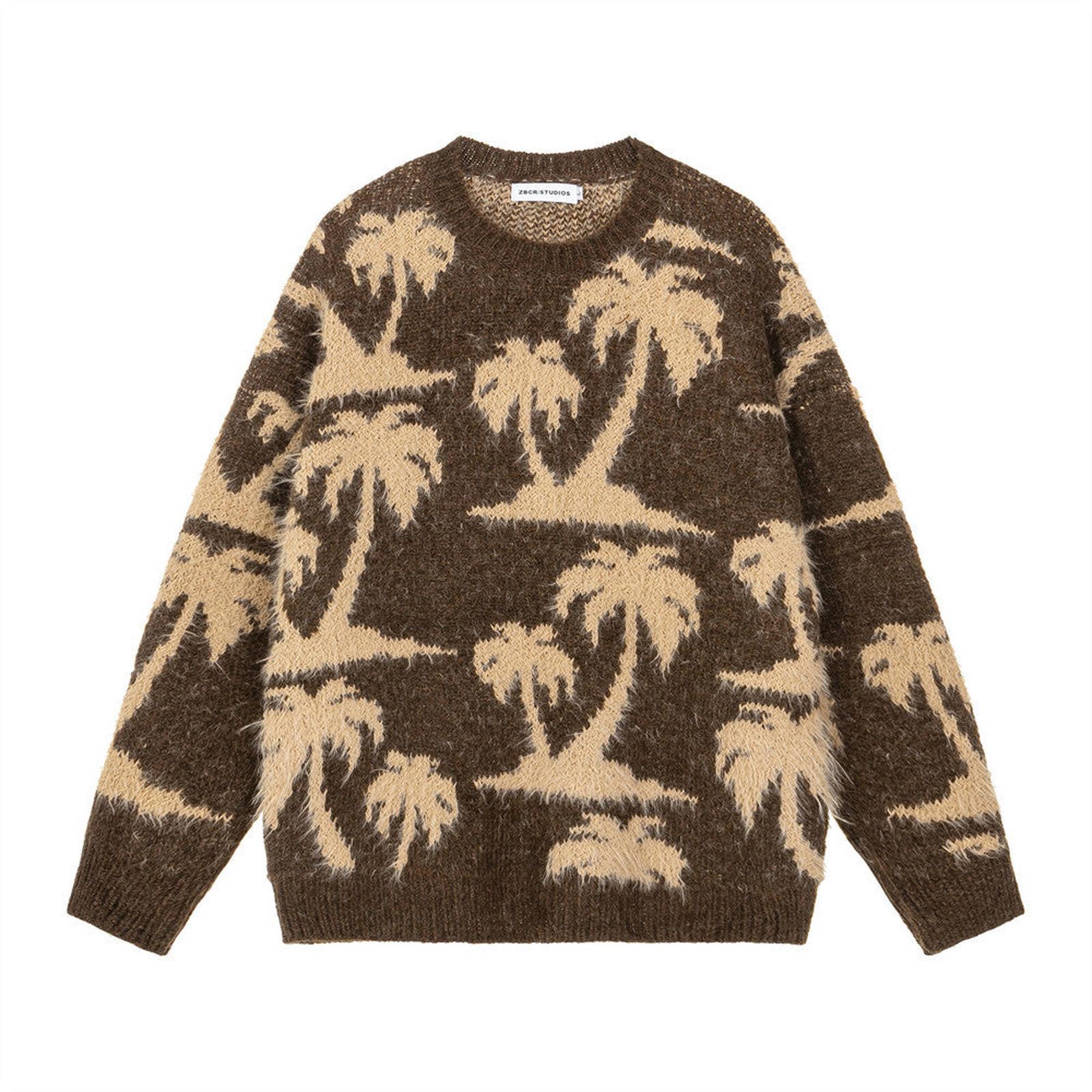 Vintage Brown Fuzzy Palm Tree Patterned Crewneck Sweater Size US M / EU 48-50 / 2 - 1 Thumbnail