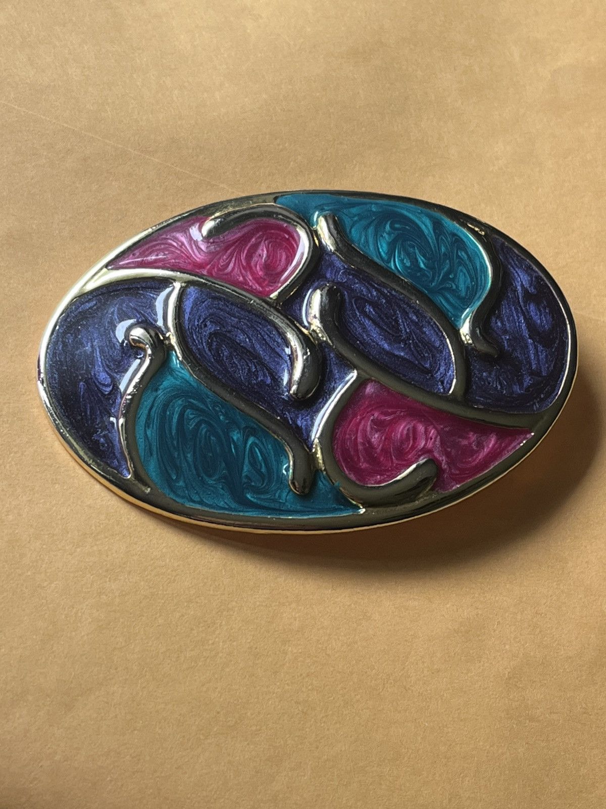 Other Vintage 80s Enamel Swirl Belt Buckle Teal Pink Purple 3.5" Size ONE SIZE - 1 Thumbnail