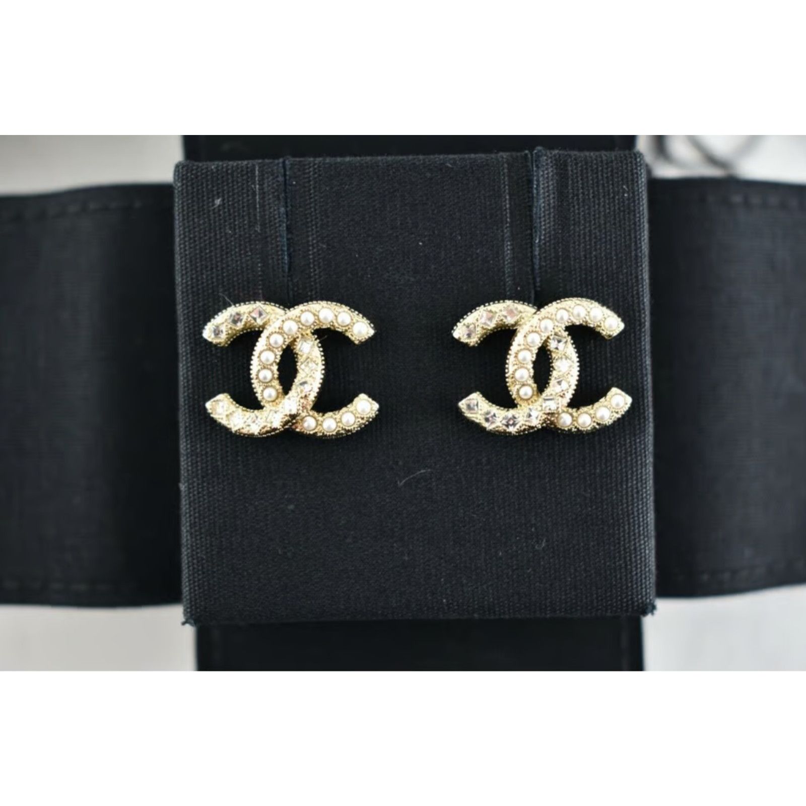 Chanel Chanel Gold Pearl Strass Crystal Statement Stud Earrings Size ONE SIZE - 3 Thumbnail