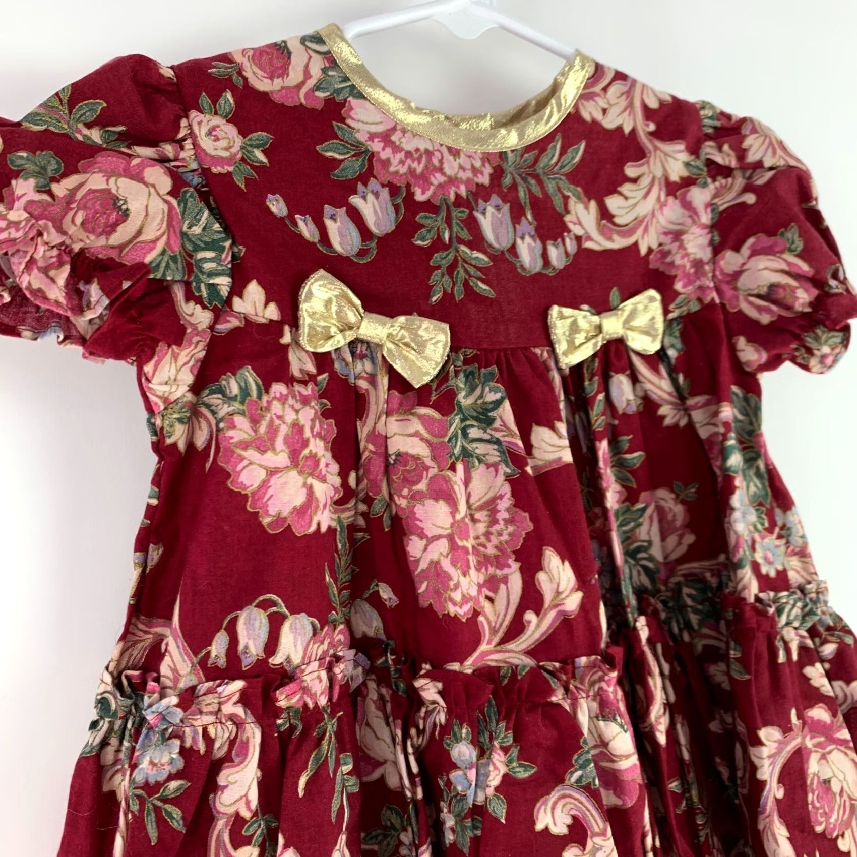 Vintage VINTAGE Jo Lene Burgundy Floral Metallic Gold Dress Girls 24 Months 1990s Size ONE SIZE - 2 Thumbnail