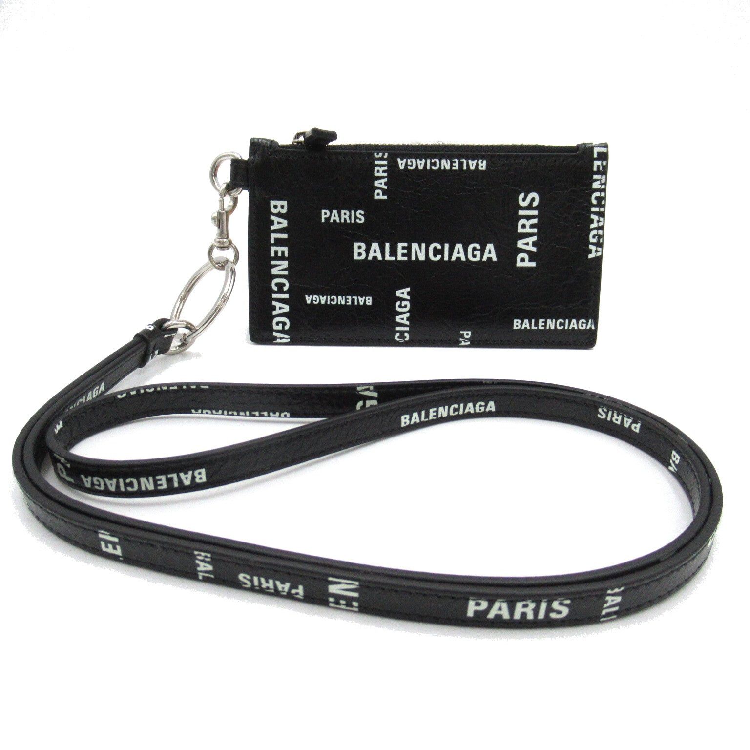 Balenciaga Balenciaga With Strap Key Ring Card Case Leather Black White Size ONE SIZE - 1 Thumbnail
