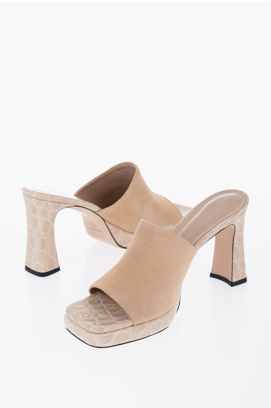 image of By Far Suede Beliz Mules With Crocodile Effect Details Heel Shoes 10Cm in Beige, Women's (Size 7)