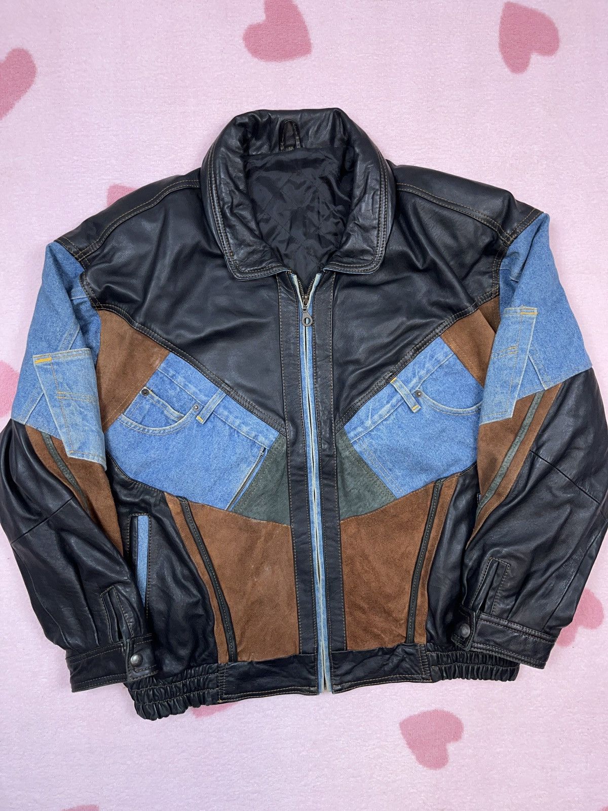 image of Genuine Leather x Vintage 90's Boxy Bomber Leather Denim Patchwork Cargo in Black, Men's (Size 2XL)