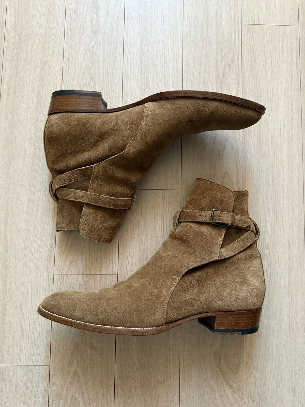 Saint Laurent Gray Suede Wyatt Jodhpur Boots SZ 42/US 9 FOR SALE: Saint Laurent Wyatt Harness Boots in Tan Suede  main image 2