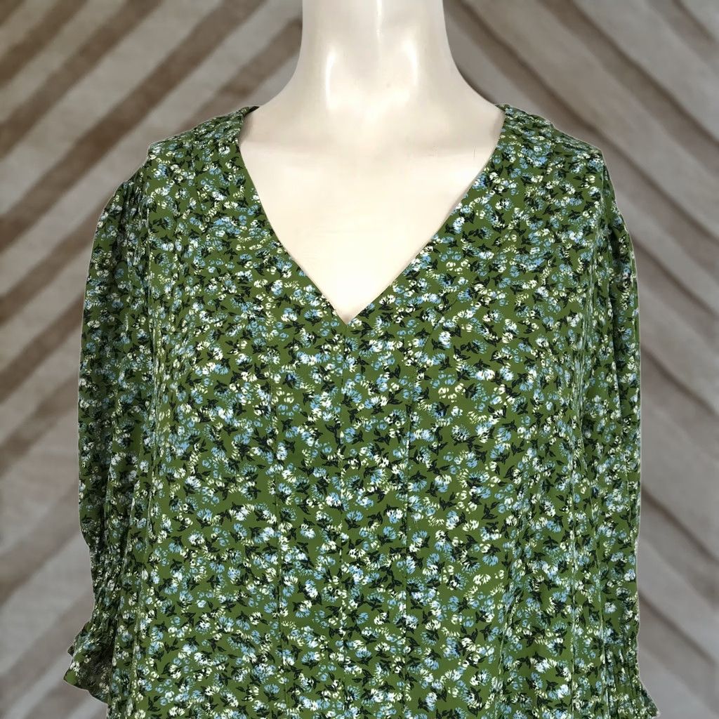 Jones New York Jones New York Plus Size 1X Green Floral Print V-Neck 3/4 Sleeve Dress Shirt Dress Womens Size XL / US 12-14 / IT 48-50 - 1 Thumbnail