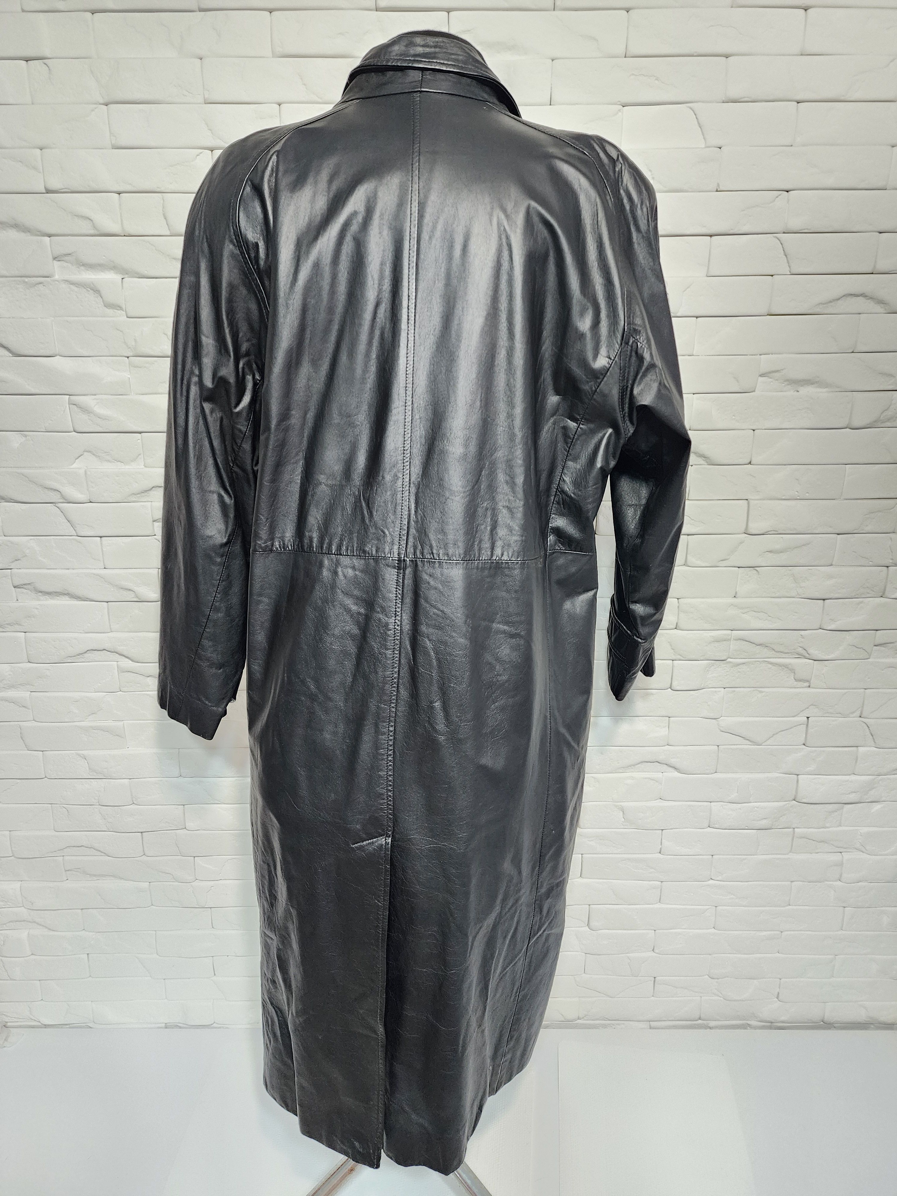 Women black leather raincoat.