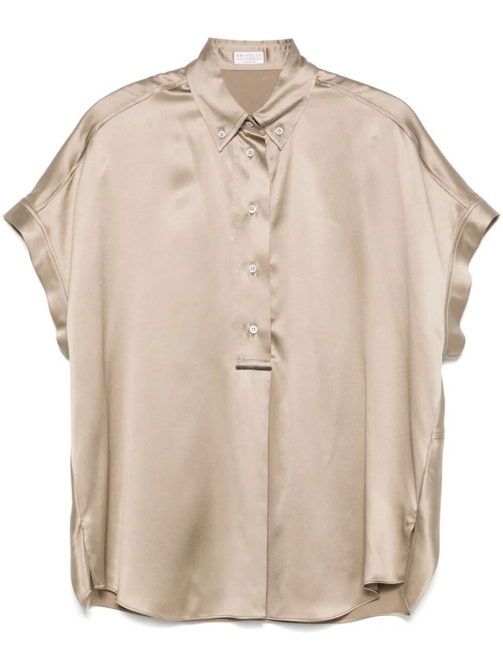Brunello Cucinelli Stretch Silk Satin Short Sleeve Shirt With Monili Size S / US 4 / IT 40 - 1 Thumbnail