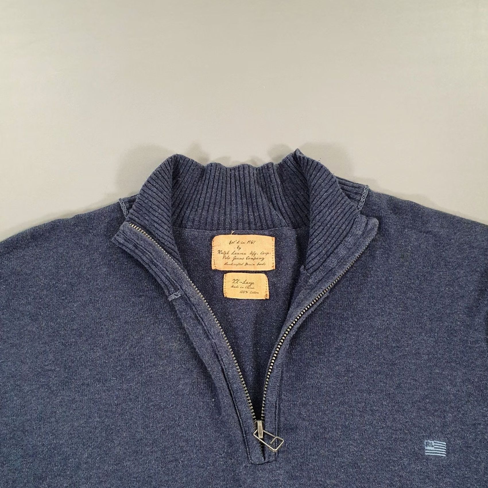 Polo Ralph Lauren Polo Ralph Lauren Jumper Mens XXL Navy Blue Cotton Knit Quarter Zip Flag Logo Size US XXL / EU 58 / 5 - 2 Thumbnail