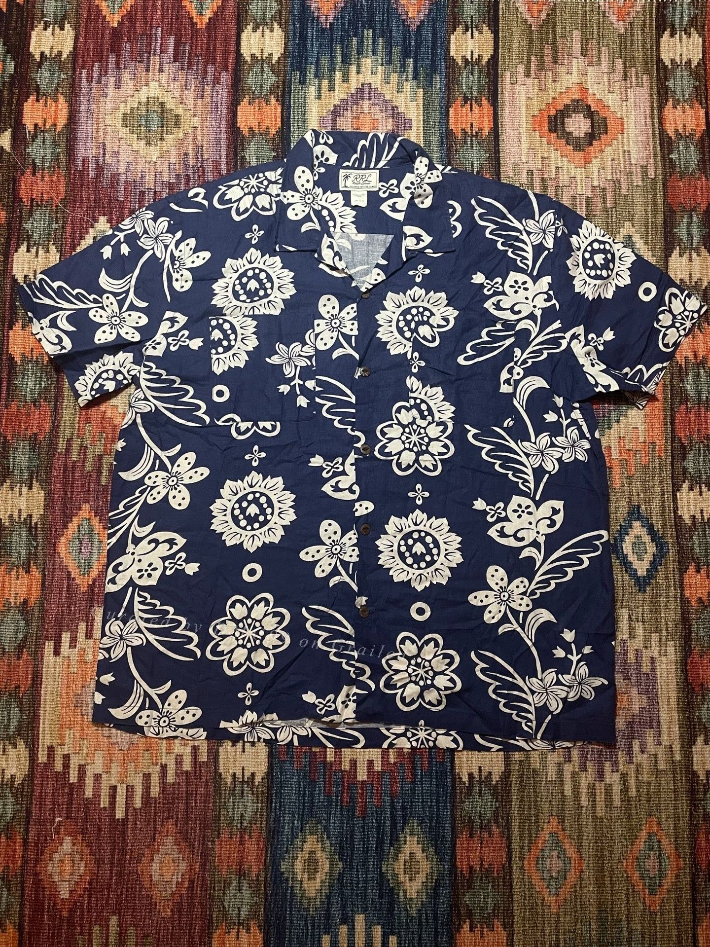 RRL Ralph Lauren RRL Indigo Print Linen Blend Hawaiian T-shirt XL Size US XL / EU 56 / 4 - 1 Thumbnail