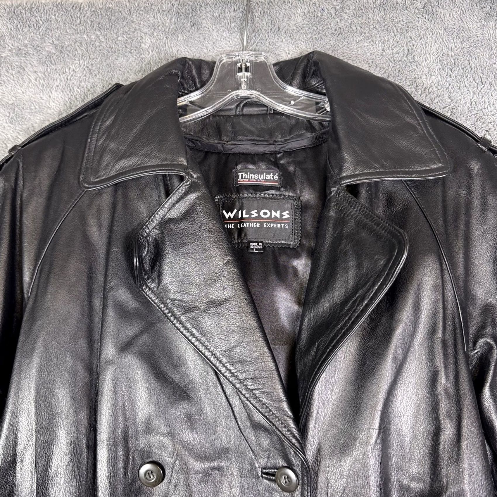 Vintage VINTAGE Wilsons Leather Jacket Womens L Belted Double Breasted Trench Coat Thinsulate Black Long Sleeve Size L / US 10 / IT 46 - 6 Thumbnail