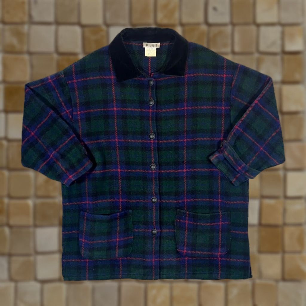 Vintage VINTAGE PLUS Tartan Check Acrylic Velour Collared Jacket Womens 12/14 Navy Check Wool-like Velour Buttoned Pocketed Coat Jacket Womens Size XL / US 12-14 / IT 48-50 - 1 Thumbnail