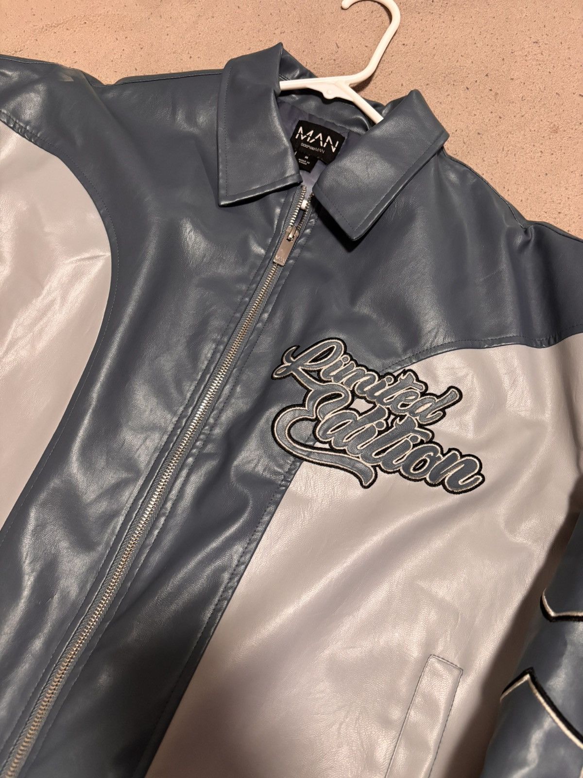 Boohoo BoohooMAN Leather Blue Biker Jacket Size US M / EU 48-50 / 2 - 2 Thumbnail