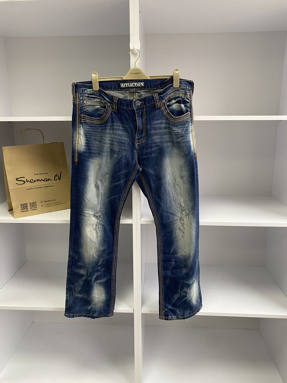 Affliction × Vintage Vintage Affliction Men's Denim Jeans Embroidered Blue Size US 38 / EU 54 - 3 Thumbnail