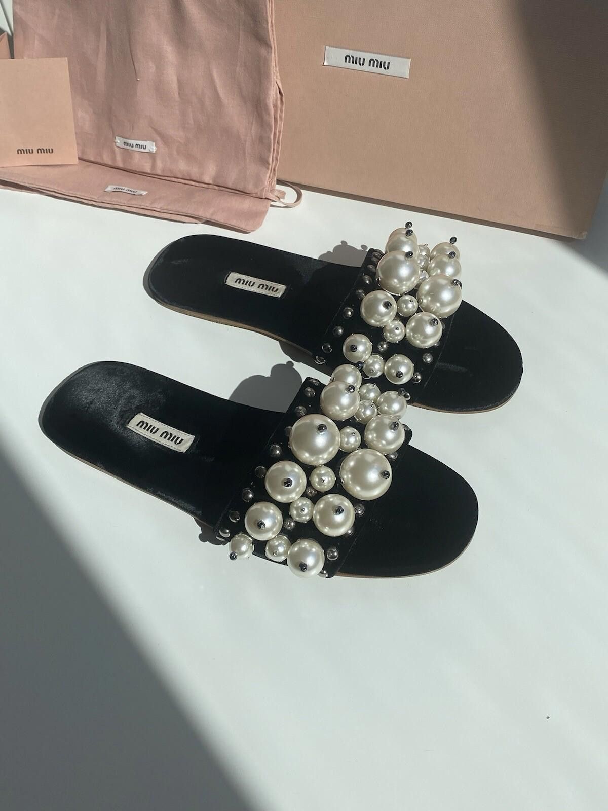 Miu Miu Miu Miu Velvet Slide Flats Embellished Pearly Women US6.5 Size US 4 / IT 34 - 4 Thumbnail