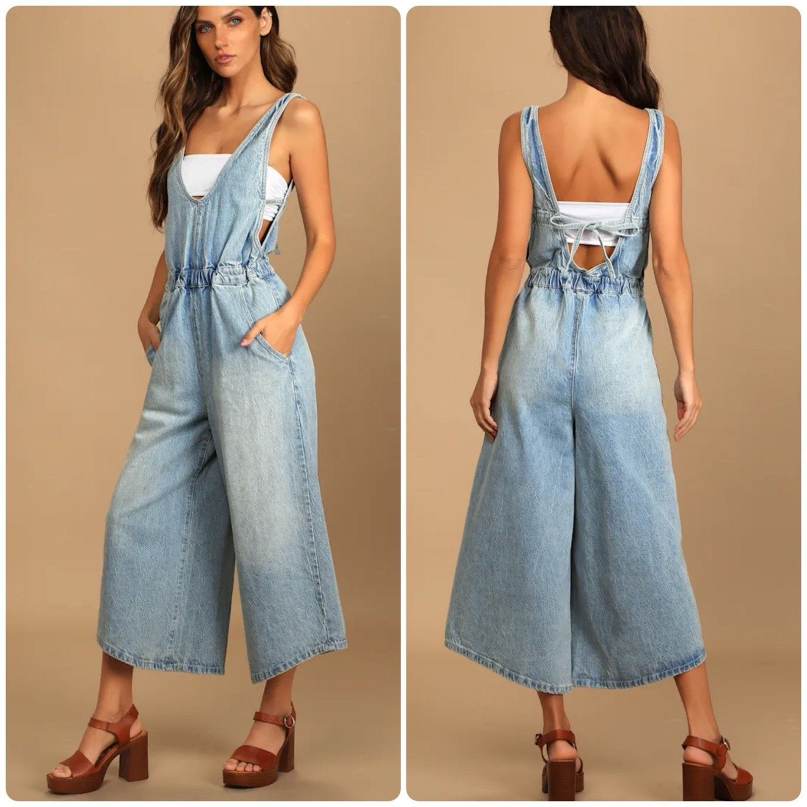 Free People FREE PEOPLE Alora Denim Wide Leg Culotte Tieback Jumpsuit XS Size 26" / US 2 / IT 38 - 1 Thumbnail