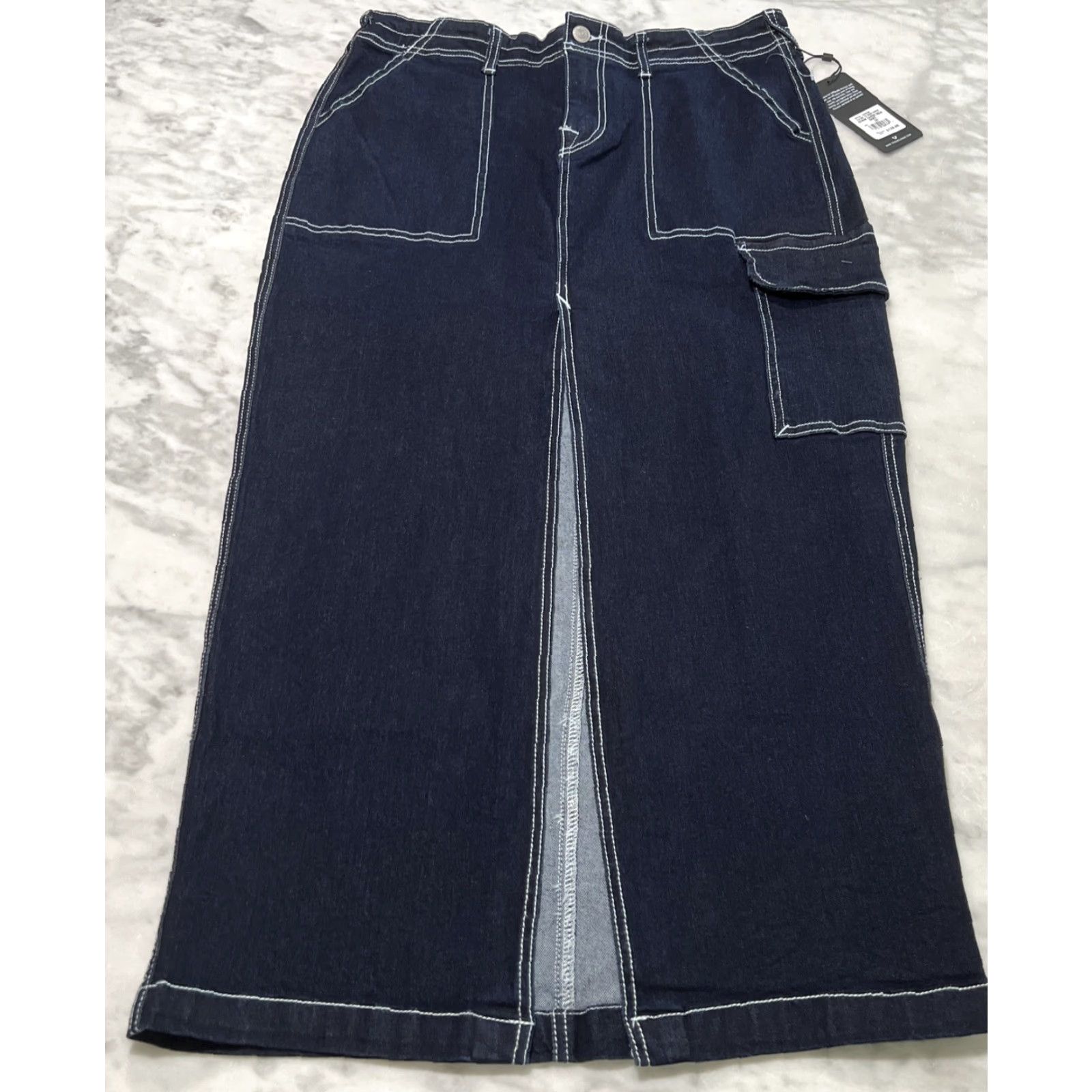 True Religion True Religion High Slit Denim Maxi Skirt Size 30 Dark Blue Wash Go West NWT Size 30" / US 8 / IT 44 - 2 Thumbnail