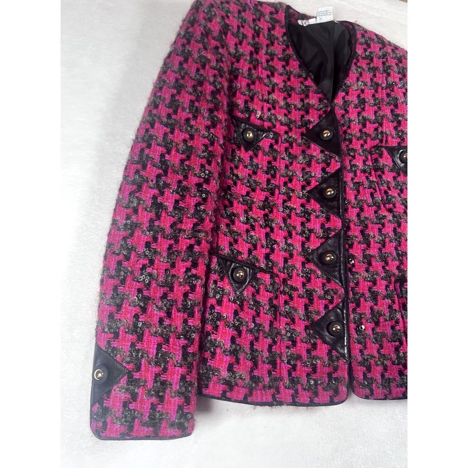 Vintage Vintage Carlisle Blazer Womens 6 Pink Wool Tweed Houndstooth Sequin Jacket 80s Size M / US 6-8 / IT 42-44 - 2 Thumbnail