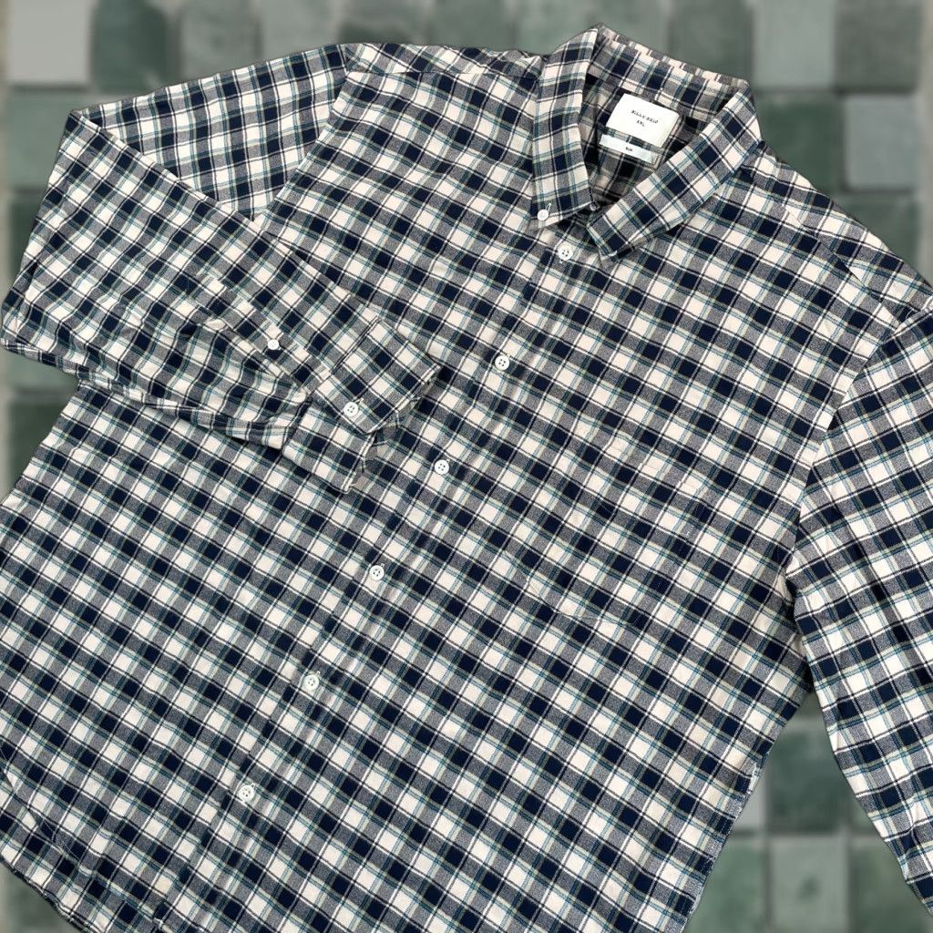 Billy Reid Tuscumbia Shirt Men 2XL Blue Beige Plaid Slim Fit Designer NWOT