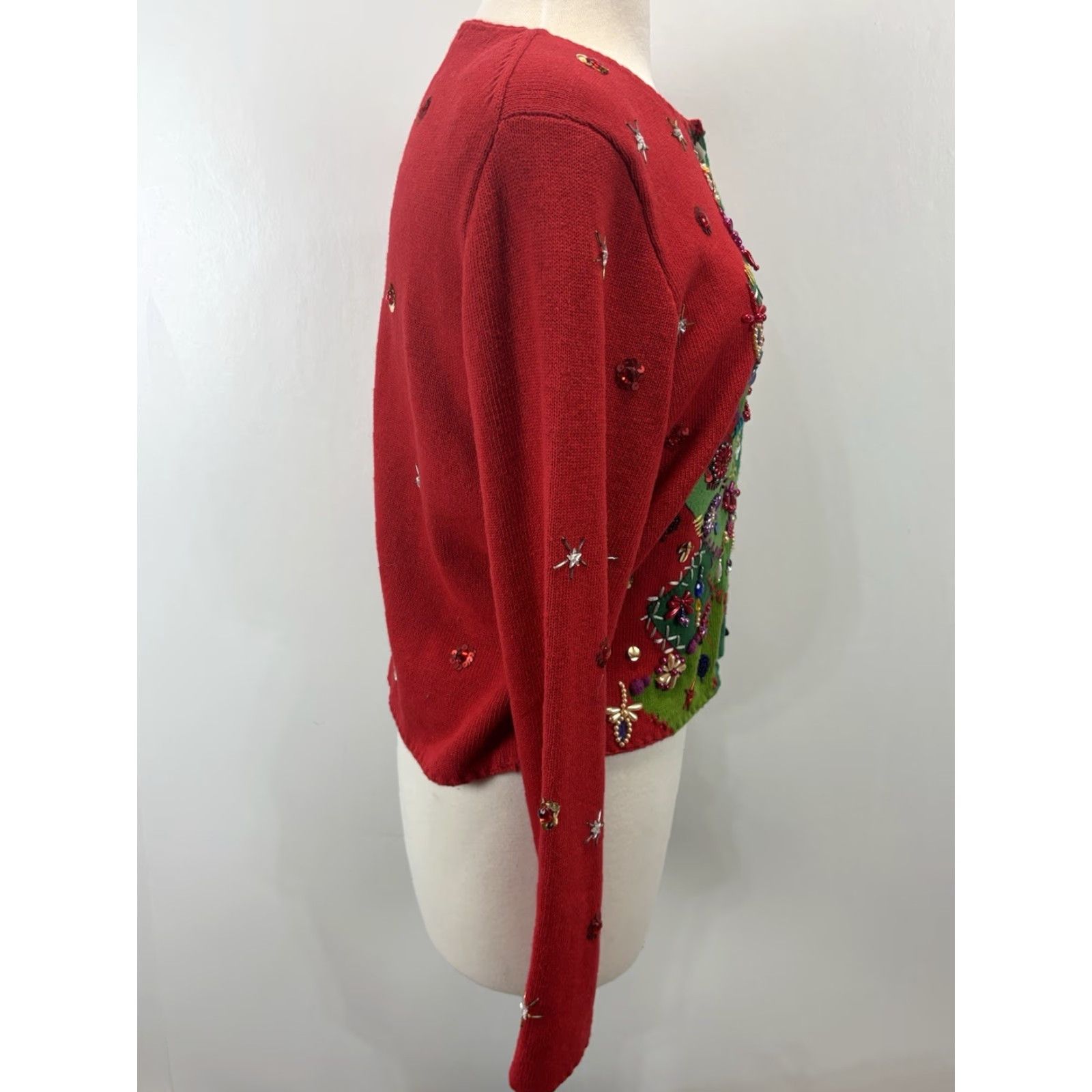 Simons VINTAGE Michael Simon Christmas Cardigan Sweater Women’s Large Red Beaded Knit Size L / US 10 / IT 46 - 4 Thumbnail