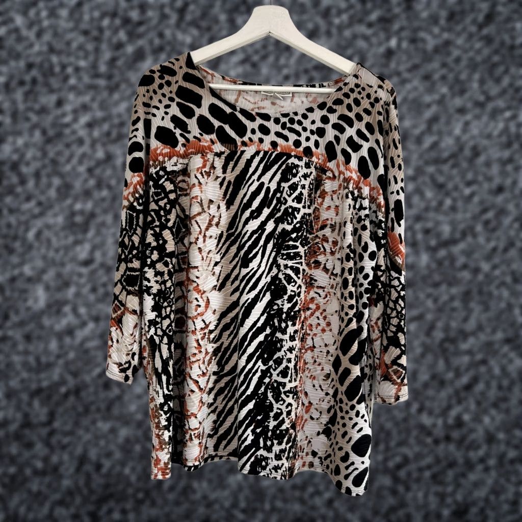 Vintage Dana Buchman Womens Mixed Animal Print 3/4 Sleeve Top XL Black Brown Stretch Size XL / US 12-14 / IT 48-50 - 1 Thumbnail