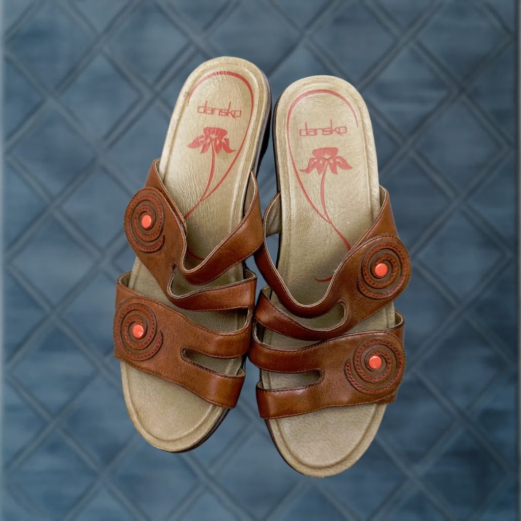 Dansko DANSKO Dixie Womens 7 38 Swirl Brown Leather Hook Loop Slides Wedge Sandals Size US 7 / IT 37 - 1 Thumbnail