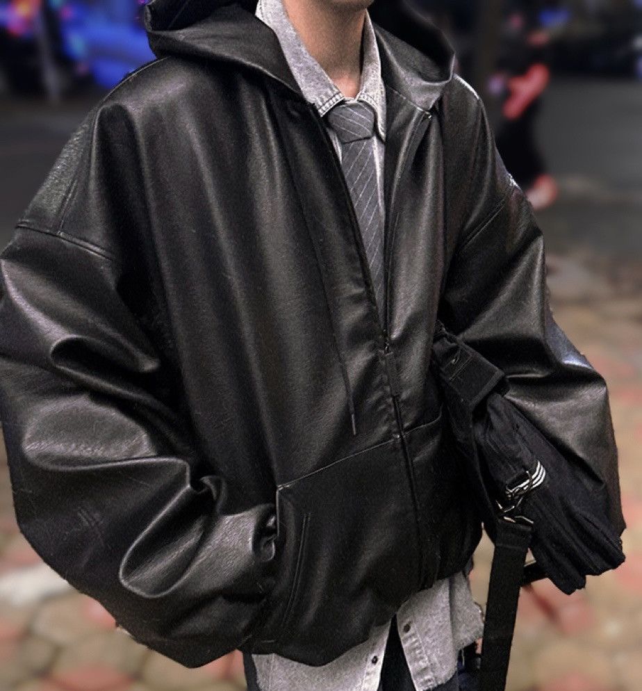 Japanese Brand × Vintage Avant garde oversized chunky pu leather hooded zip jacket Size US XL / EU 56 / 4 - 5 Thumbnail