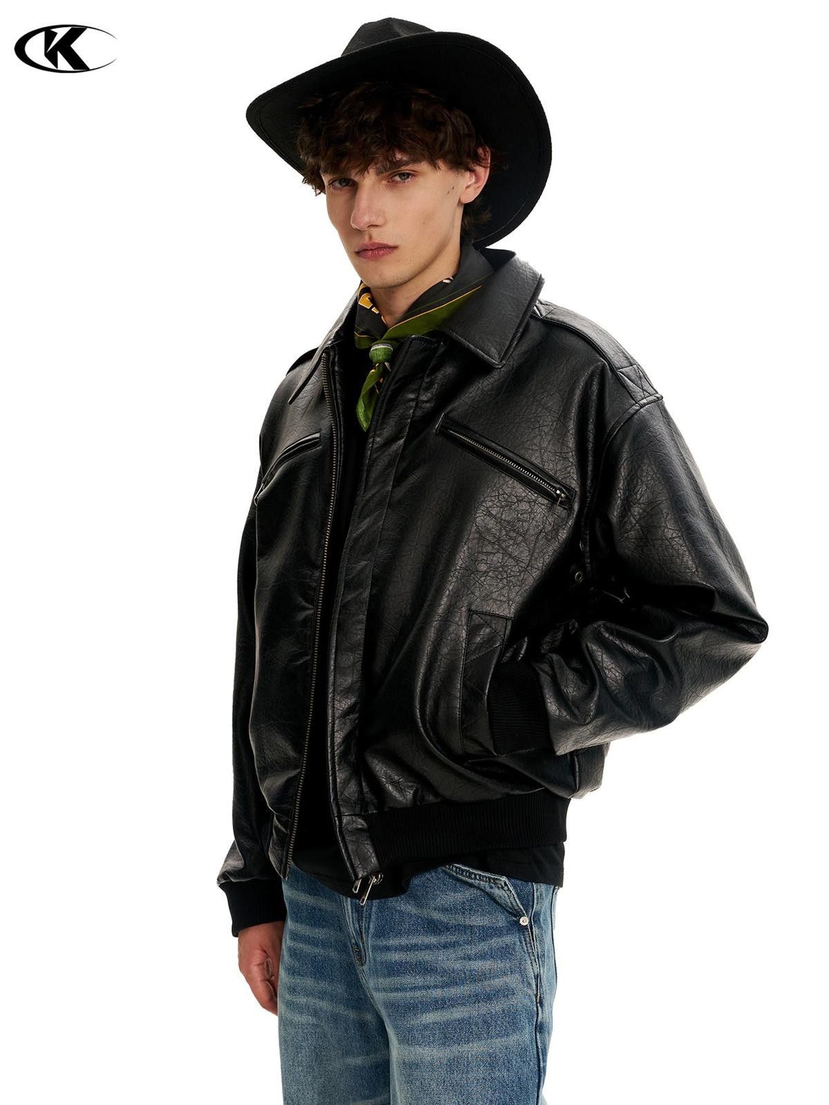 Leather Black Faux Leather Bomber Jacket, Relaxed Fit Jacket Size US M / EU 48-50 / 2 - 2 Thumbnail