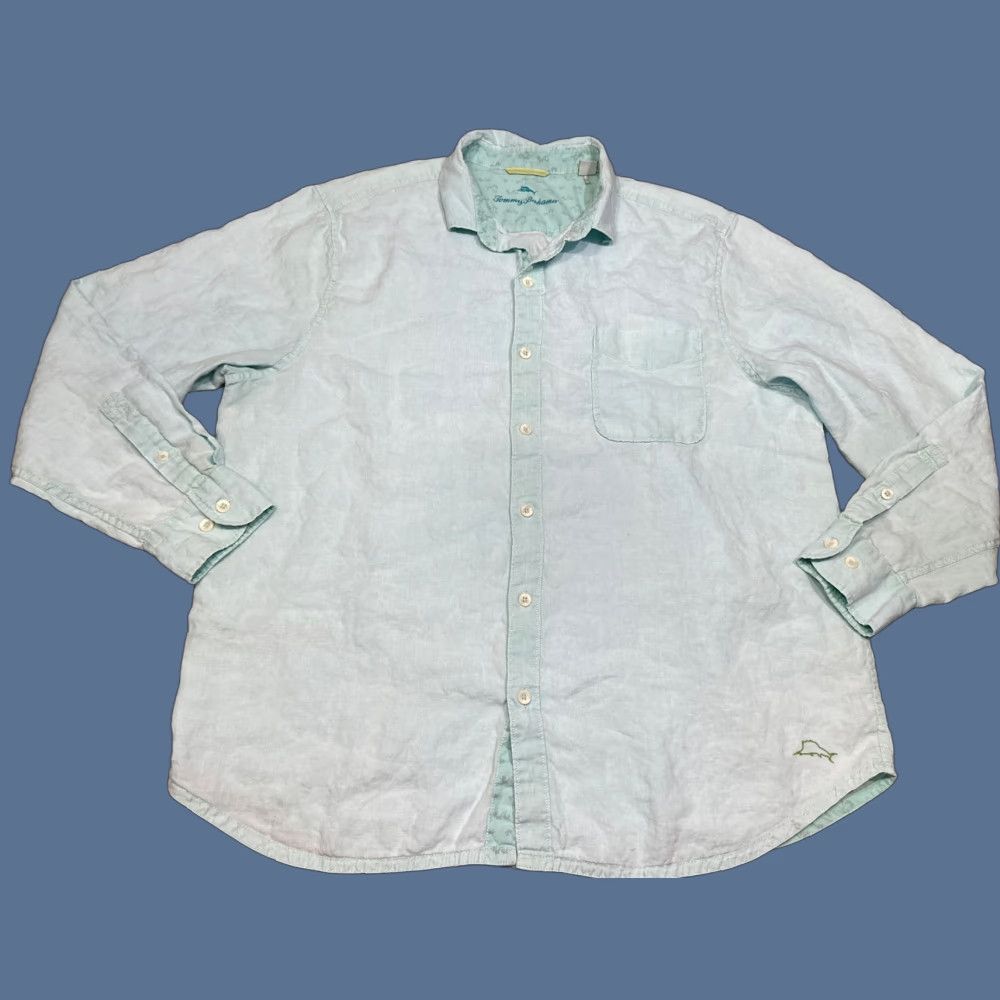Tommy Bahama Tommy Bahama Relax Shirt XL Linen Button-Up Long Sleeve Casual Pockets Solid Aqua Mens Size US XL / EU 56 / 4 - 1 Thumbnail