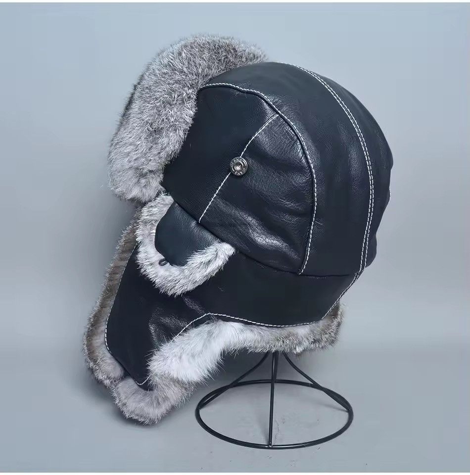 Genuine Leather Genuine Natural Rabbit Fur Leather Trapper Winter Hat Size ONE SIZE - 2 Thumbnail
