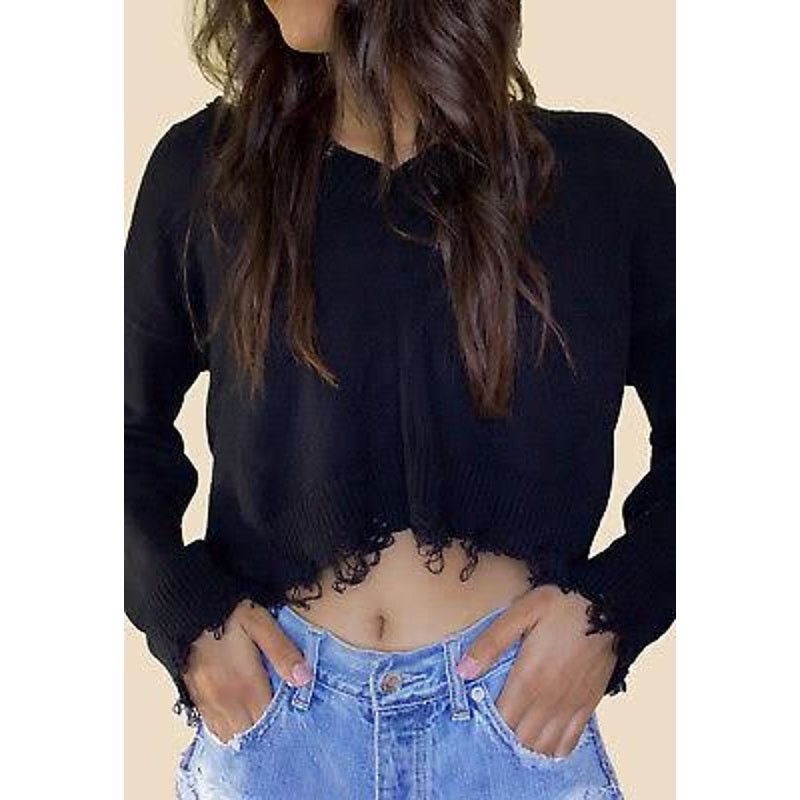 Nordstrom Wild Honey | Distressed V-Neck Crop Sweater | Size L Size L / US 10 / IT 46 - 2 Thumbnail
