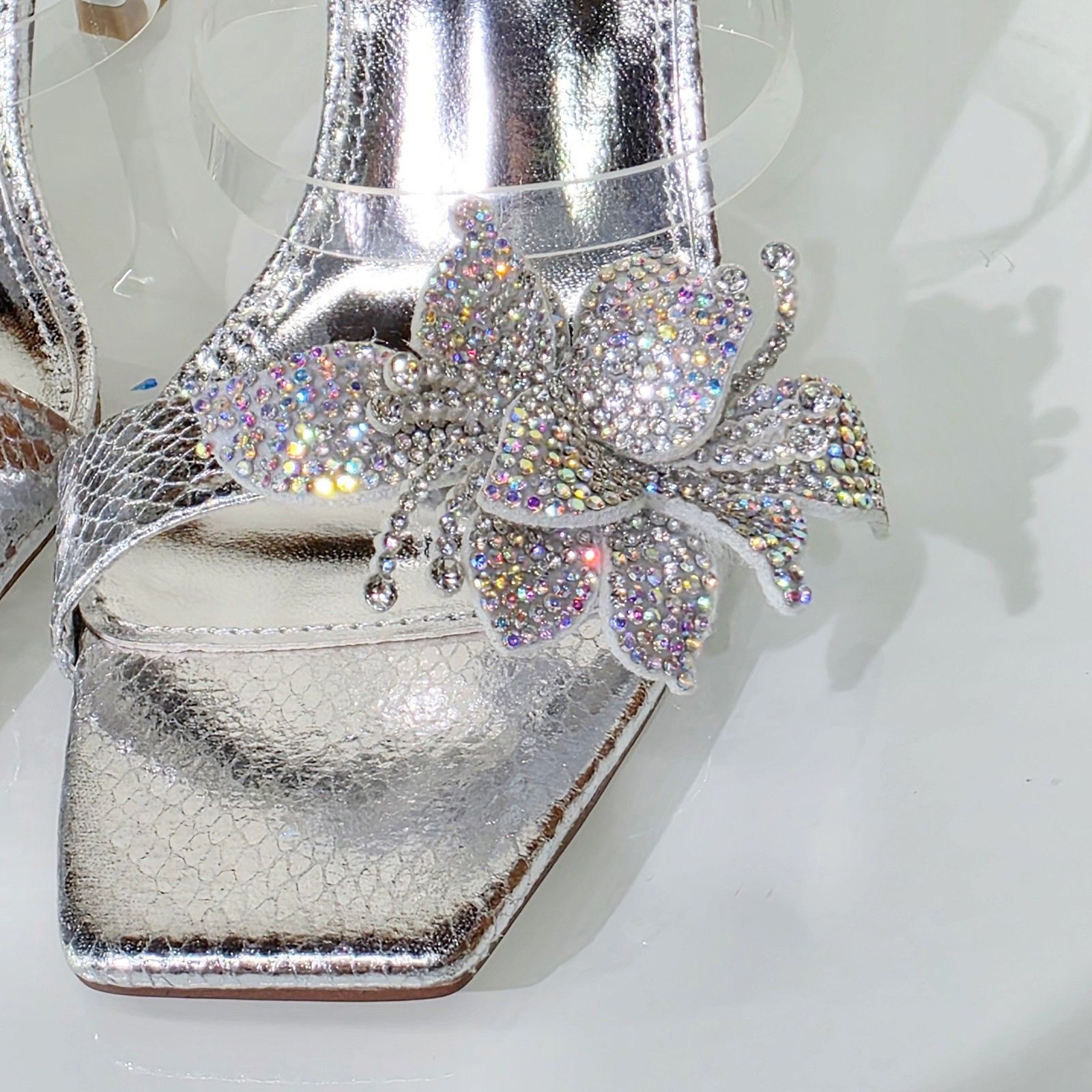 Other Lily Rhinestone Flower Silver Slip On 3.25" Heel Casual Even Size US 9 / IT 39 - 5 Thumbnail