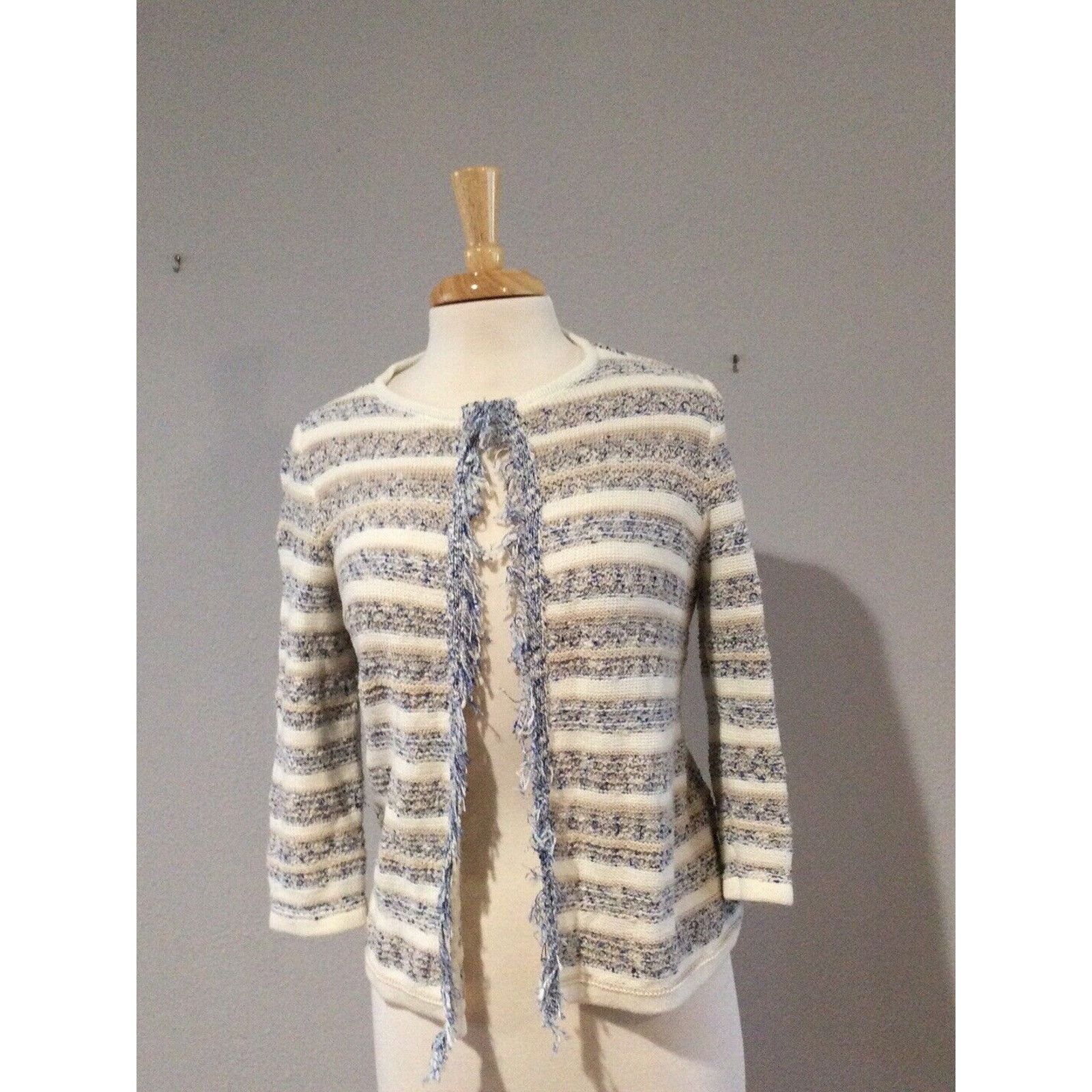 Chicos Chico's Fringe Tan Blue & White Knit Cardigan Size 0/S/4 Size S / US 4 / IT 40 - 2 Thumbnail