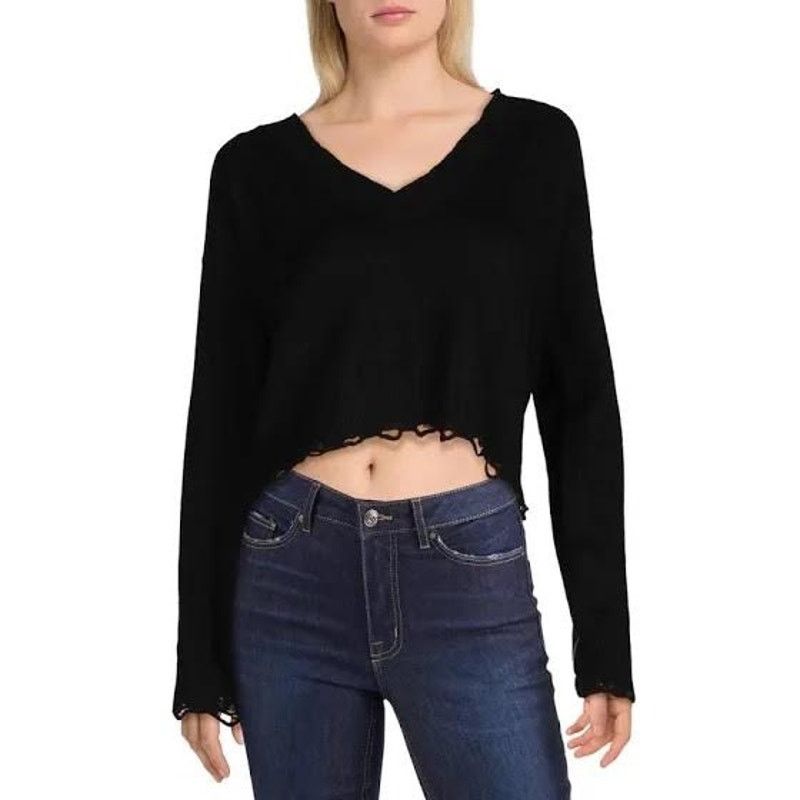 Nordstrom Wild Honey | Distressed V-Neck Crop Sweater | Size L Size L / US 10 / IT 46 - 1 Thumbnail