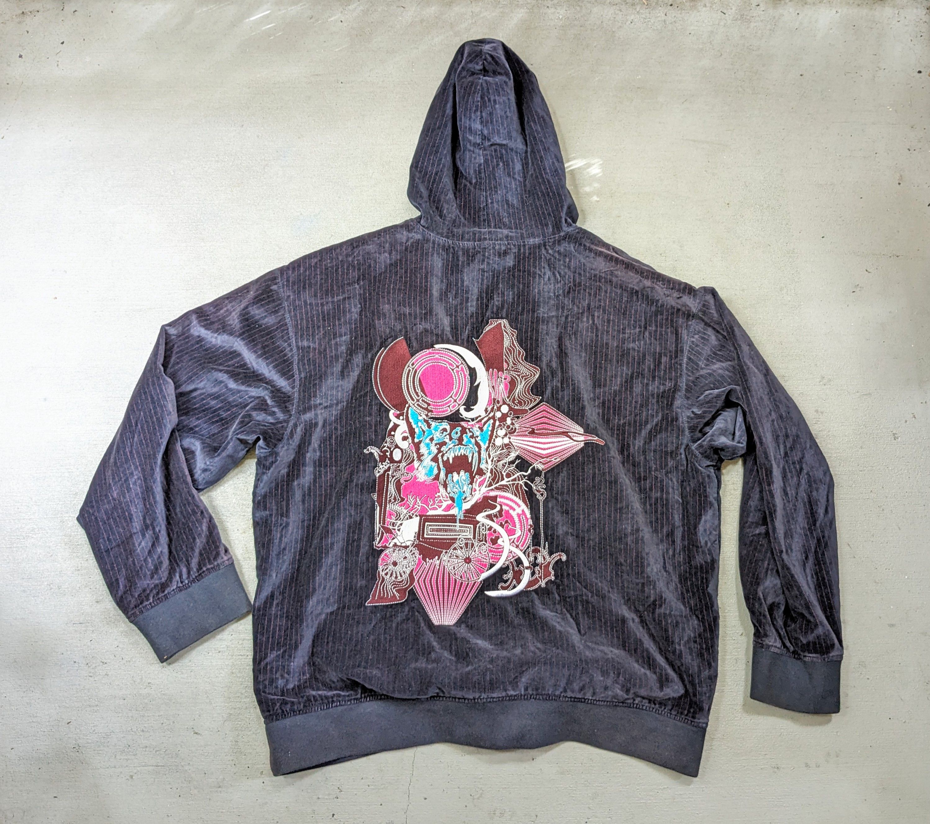 Artful Dodger Hoodie Velvet 4XL Navy Blue Pink Striped Y2K