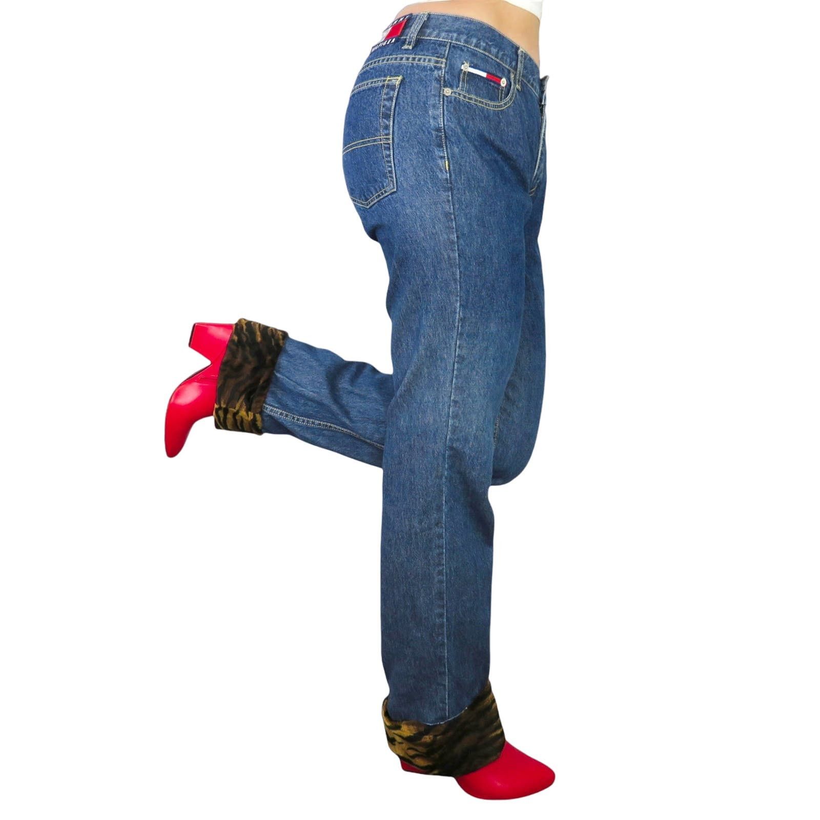 image of 90's Tommy Hilfiger Straight Jeans Leopard Fur Cuffs 32" in Blue, Women's