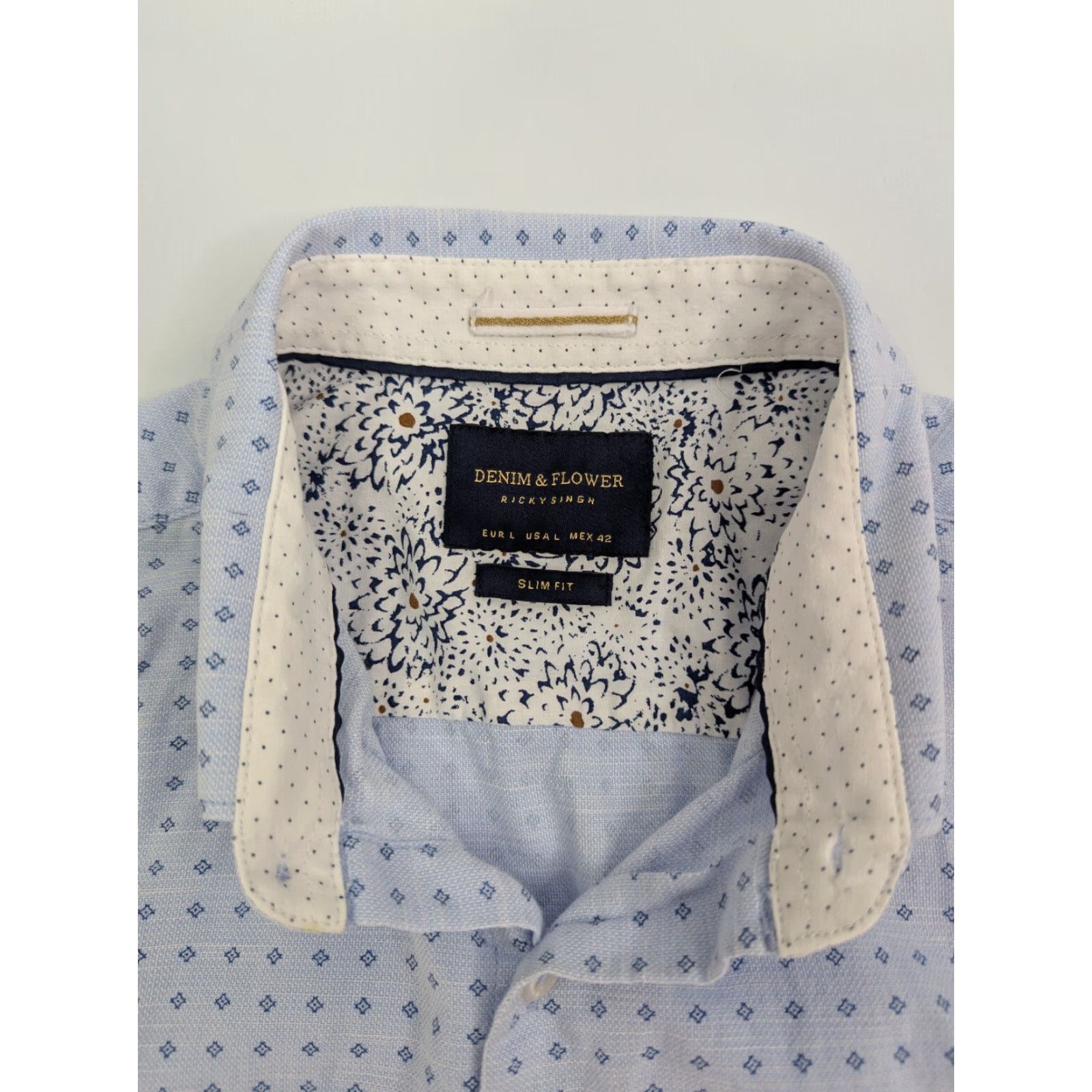 Denime Denim & Flower Ricky Singh Button Shirt Men's L Slim Fit Blue Dots Print Size US L / EU 52-54 / 3 - 5 Thumbnail