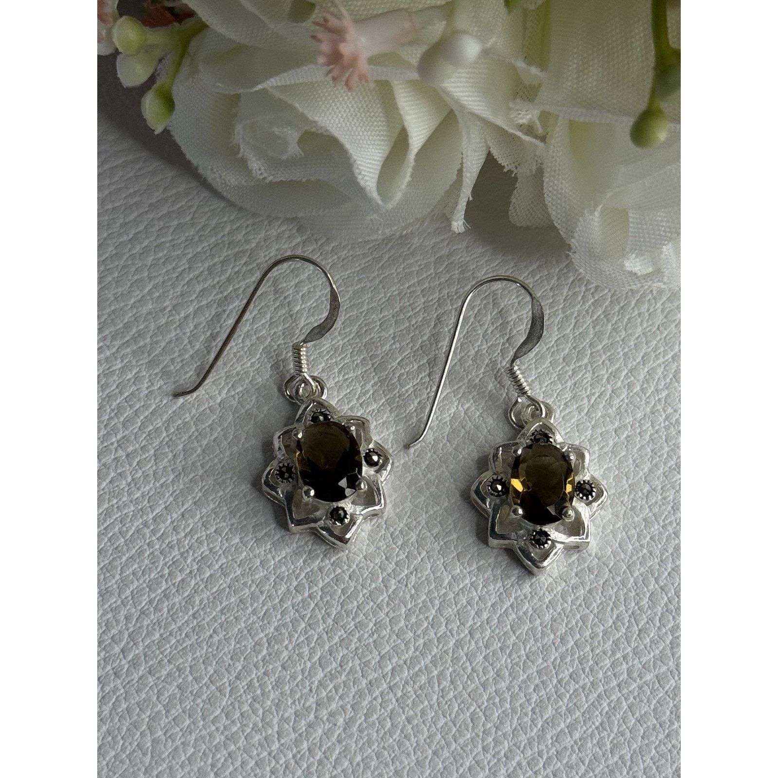 Jewelry 925 STERLING SILVER HESSONITE & MARCASITE EARRINGS Size ONE SIZE - 4 Thumbnail