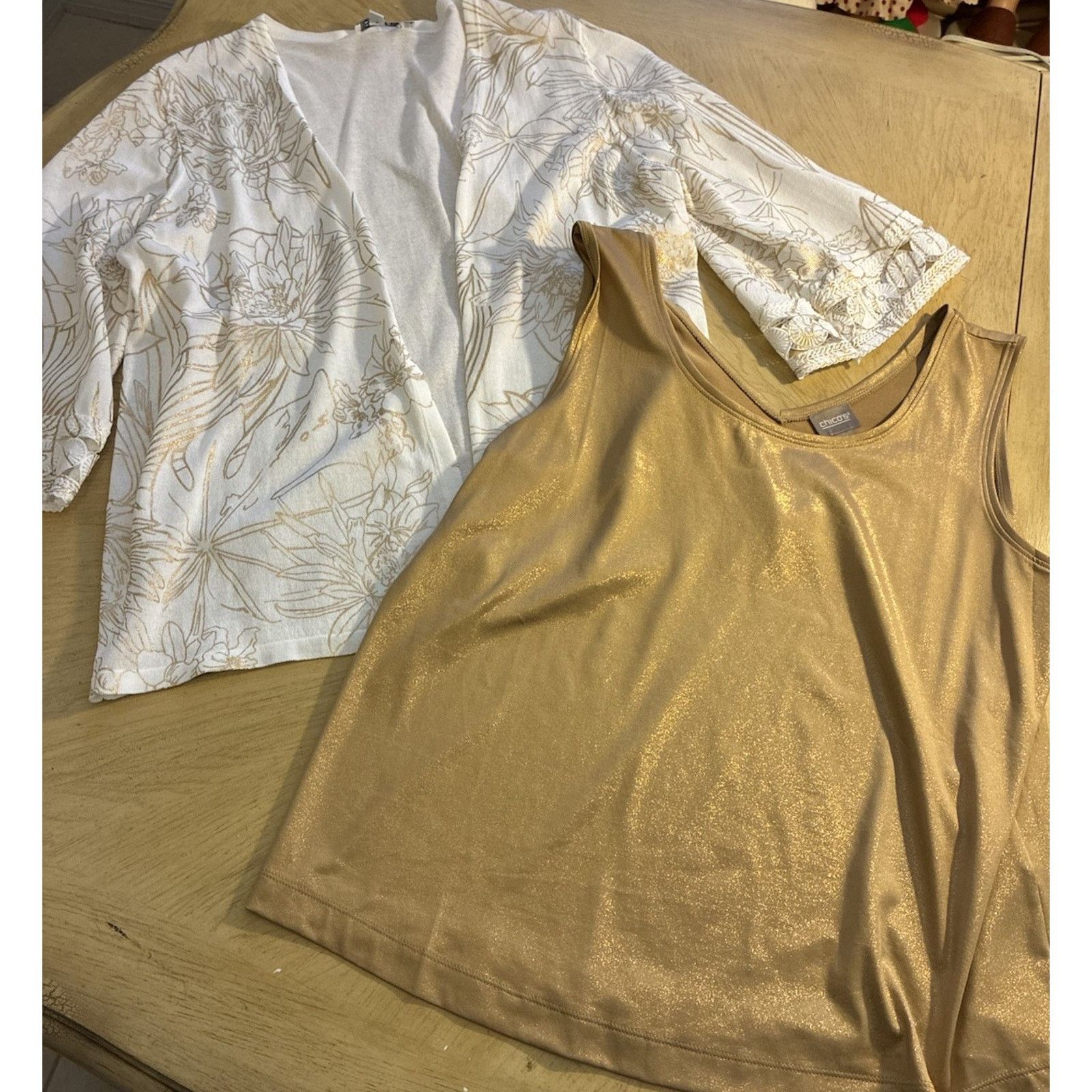 Chicos Chico's 2pc Set White Floral Cardigan Kimono Gold Metallic L Size XL / US 12-14 / IT 48-50 - 20 Thumbnail