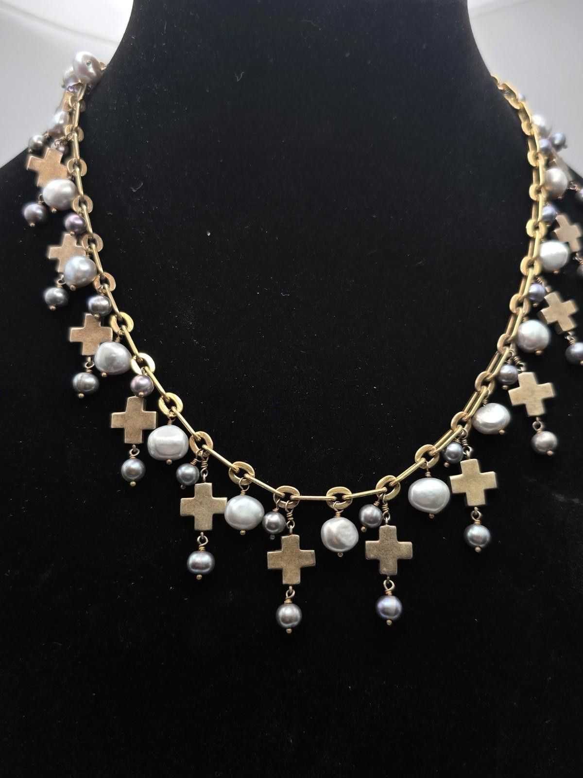 The Unbranded Brand 14k Gold Sterling Baroque Pearl Cross Necklace 20" Paperclip Size ONE SIZE - 4 Thumbnail